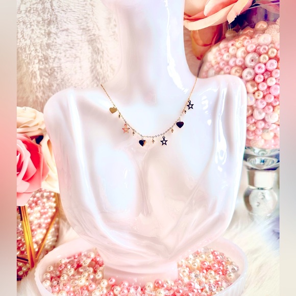 Heart and Star Station Necklace 💛 Real 18 Karat Solid Gold Jewelry 💛 - Picture 2 of 6